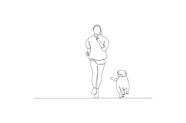 Continuous line drawing of a woman running with her dog pet vector illustration Premium vector