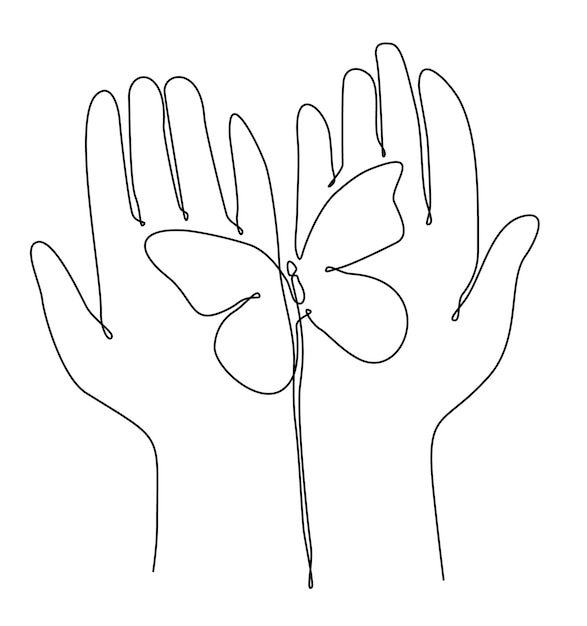 continuous line drawing of a woman's hand holding a butterfly vector illustration