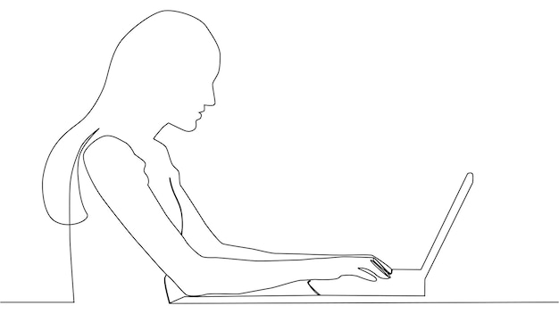 Continuous line drawing of woman sitting with computer laptop