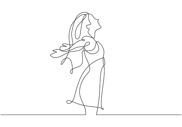 Continuous line drawing of woman stretching arms relaxing gesture one hand drawn minimalist art