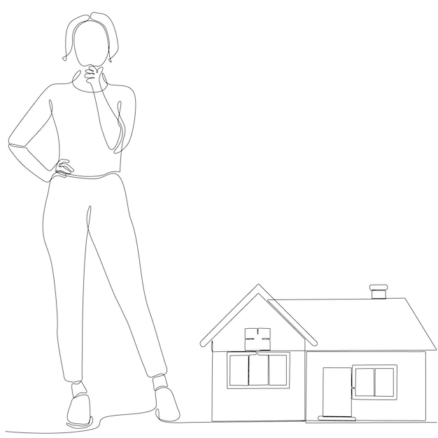 continuous line drawing woman thinking about buying a house