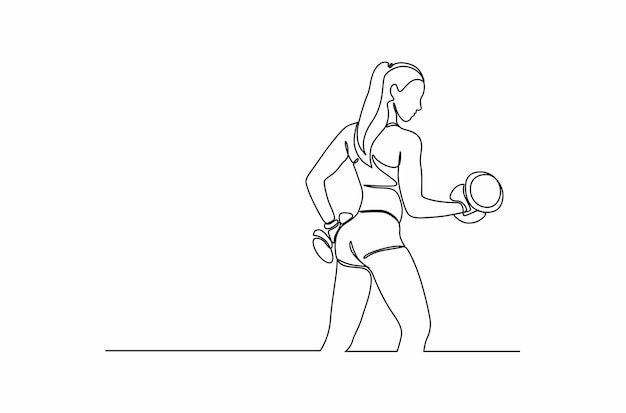 Continuous line drawing of a woman training lifting weights isolated on white background Premium Vec