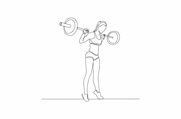 Continuous line drawing of a woman training lifting weights isolated on white background Premium Vec