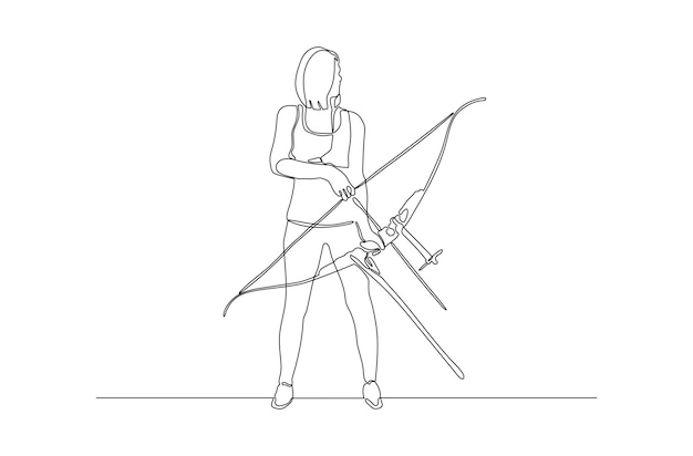 Continuous line drawing of a woman with archery on hand vector illustration Premium vector