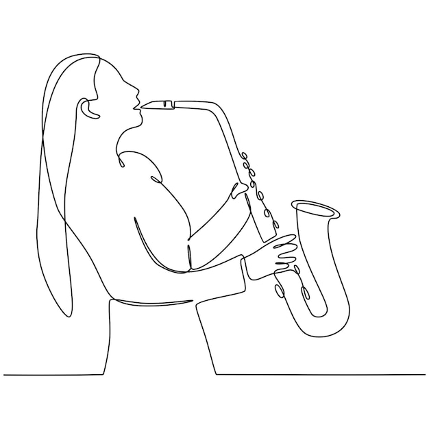 continuous line drawing of woman with saxophone on white background vector illustration