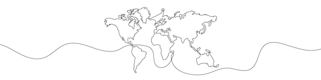 Continuous line drawing of World map One line image of world map