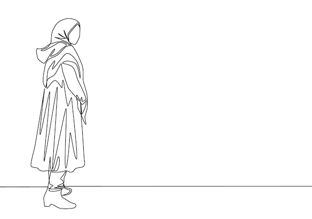 Continuous line drawing of young Arabian beautiful muslimah with headscarf standing on city street