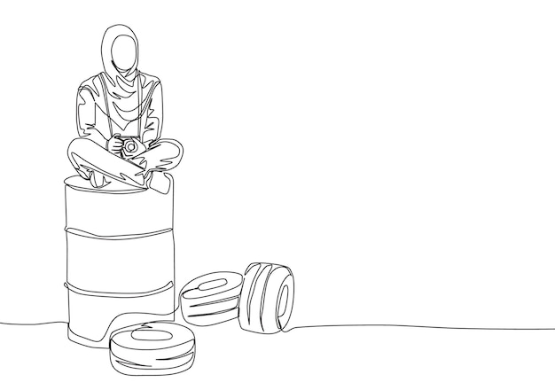 Continuous line drawing of young beautiful Asian muslimah siting on oil drum and hold dslr camera