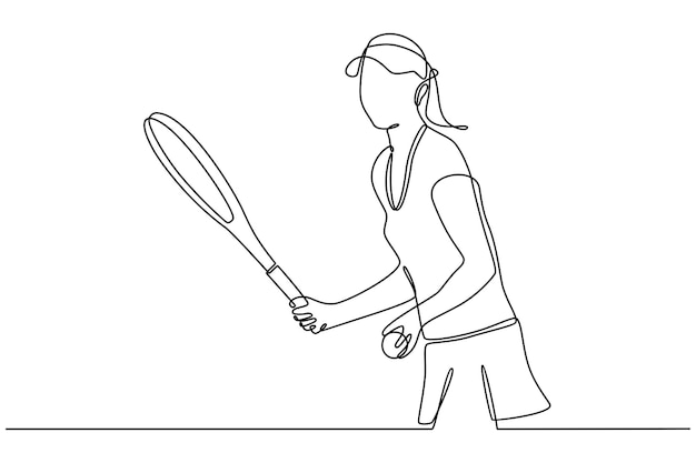 continuous line drawing of young beautiful woman playing tennis healthy sports lifestyle concept