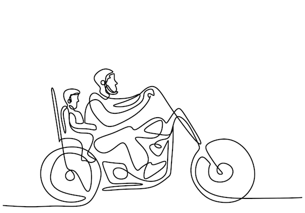 Continuous line drawing of young father riding a motorcycle with his little son isolated on white background Father's Day theme sketch hand drawn line art minimalist style Vector illustration