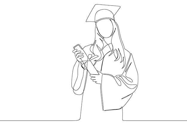 continuous line drawing of young female university graduate