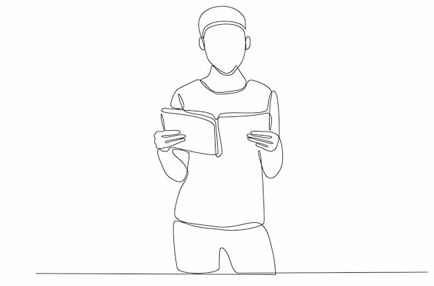 Continuous line drawing young man is reading a book premium vector