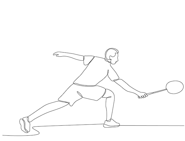 continuous line drawing of young man playing premium badminton vector