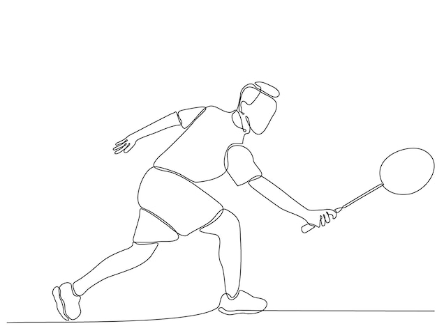 continuous line drawing of young man playing premium badminton vector