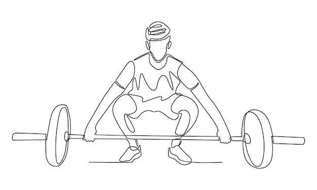 continuous line drawing of young strong weightlifter man preparing for barbell workout