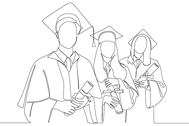 continuous line drawing of young students university graduate