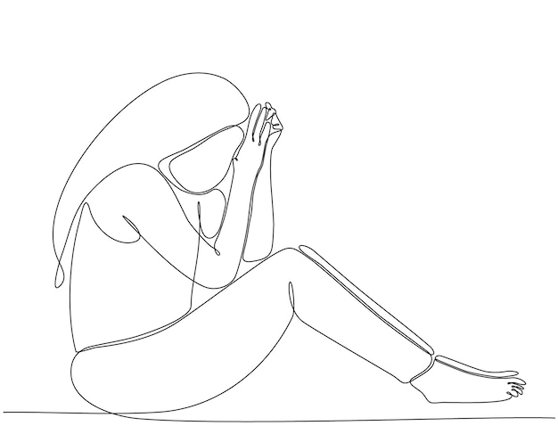 Continuous line drawing of young woman feeling sad tired and worried suffering from depression