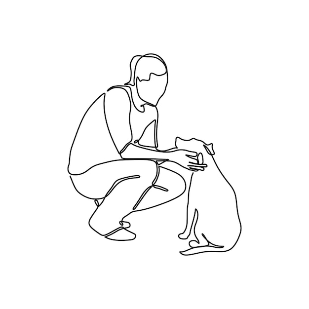 continuous line drawing of young woman playing with her pet dog