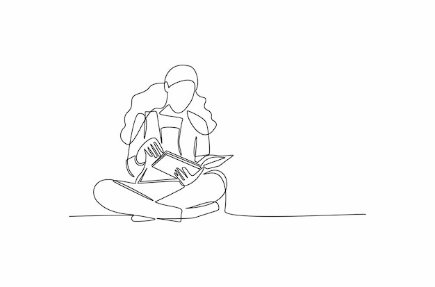 Continuous line drawing of young woman reading a book on the floor vector Premium Vector