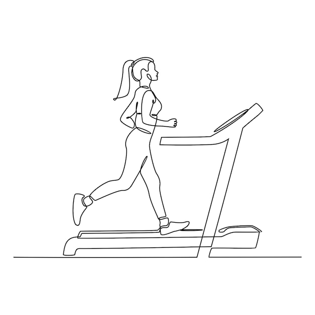 continuous line drawing of a young woman running on a treadmill vector illustration