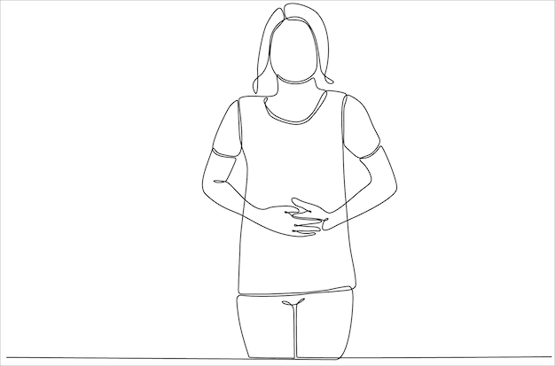 continuous line drawing of young woman suffering from stomachache premium vector