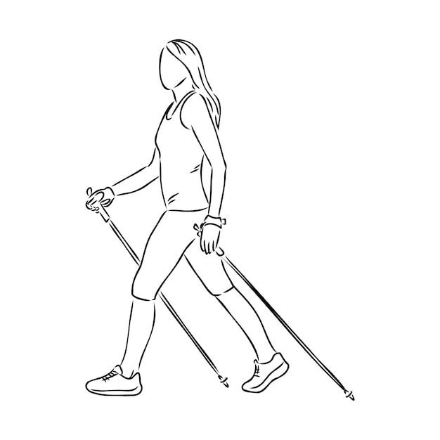 Continuous line drawing A young woman walks on foot with walking sticks Nordic walking vector sketch illustration