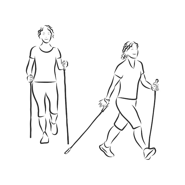 Continuous line drawing A young woman walks on foot with walking sticks Nordic walking