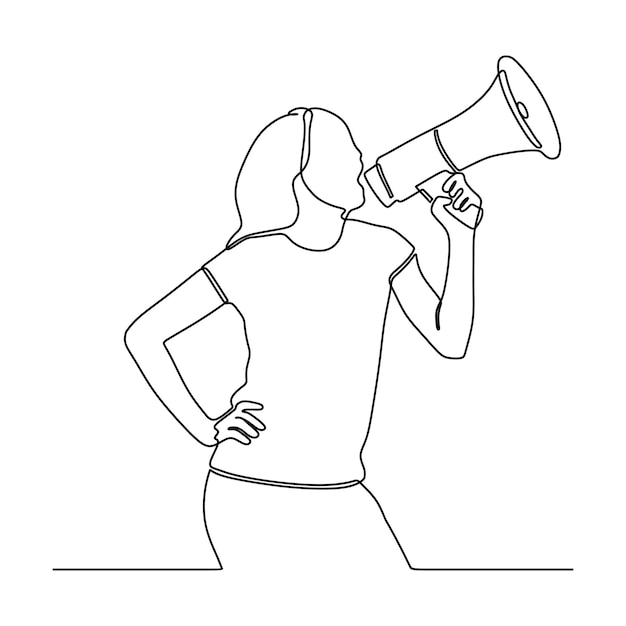 Continuous line drawing of young woman with megaphone