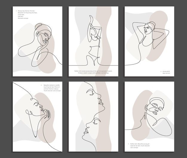 Continuous line fashion concept poster woman beauty minimalist drawing of set faces and hairstyle Contemporary drawing in modern style isolated on colorful pastel textures with shapes background