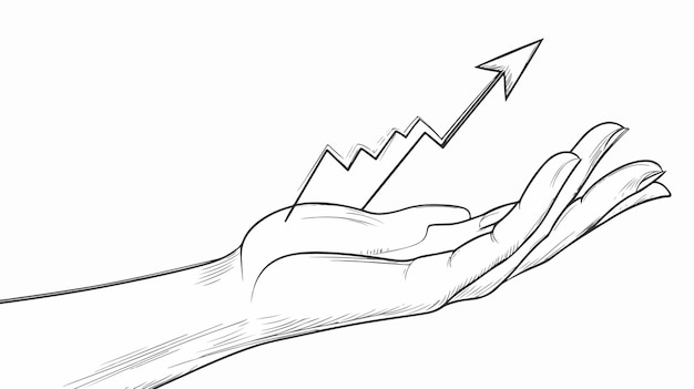 Vector continuous line graph showing arrow growth held by hand