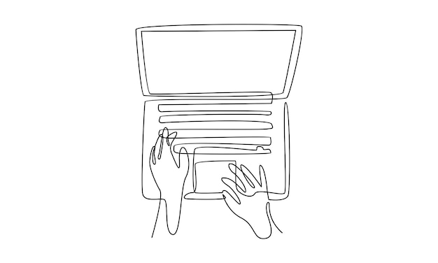 continuous line of hands operating a computer