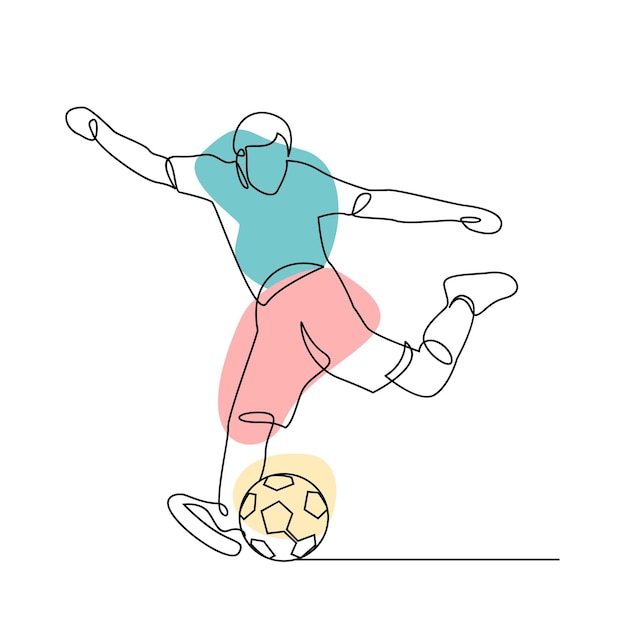 Continuous line Illustration football player kicks the ball