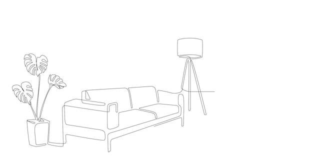 Continuous line interior with sofa plan and floor lamp One line drawing of Living room with modern furniture editable stroke Single line Handdraw contour Monstera Flower in pot Doodle vector