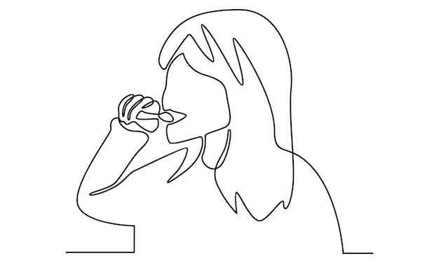 Continuous line of little girl brushing teeth illustration