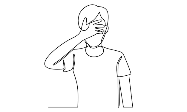 Continuous line of man closing eyes with palm illustration