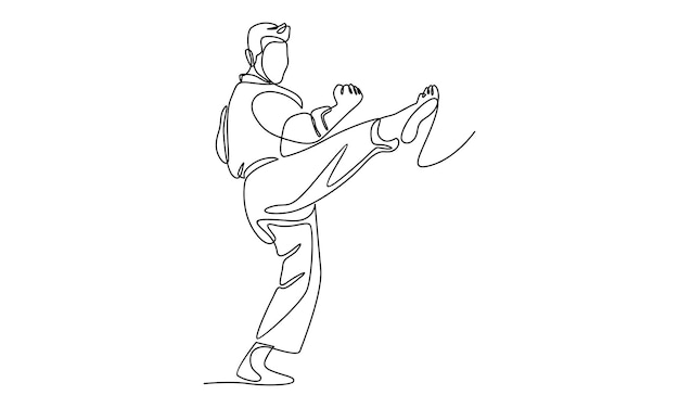 continuous line of man in kimono practicing karate combat