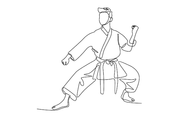 continuous line of man in kimono practicing karate combat