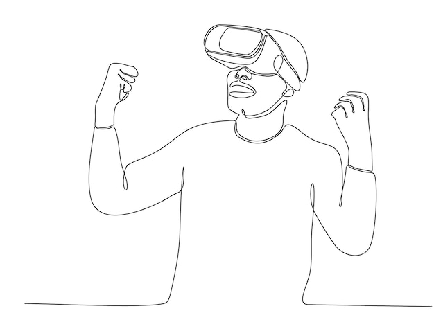 continuous line Man screaming and holding steering wheel of premium imaginary virtual car vector