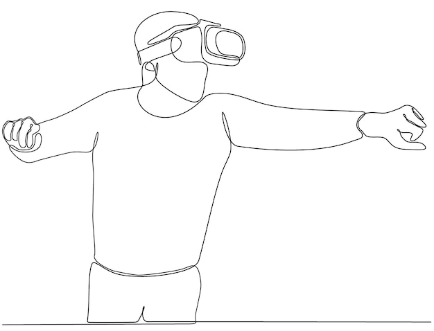 continuous line Man screaming and holding steering wheel of premium imaginary virtual car vector