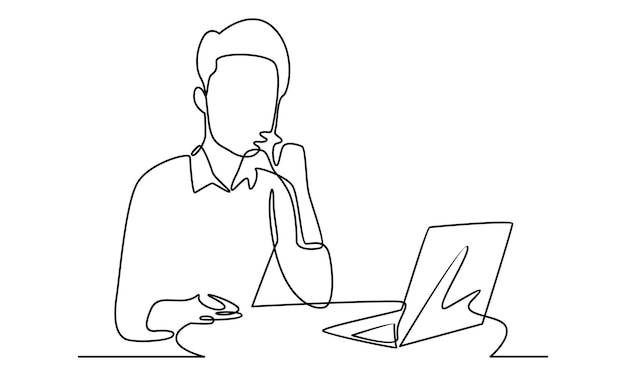 Continuous line of man working with laptop illustration