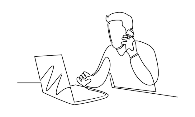 Continuous line of man working with laptop illustration