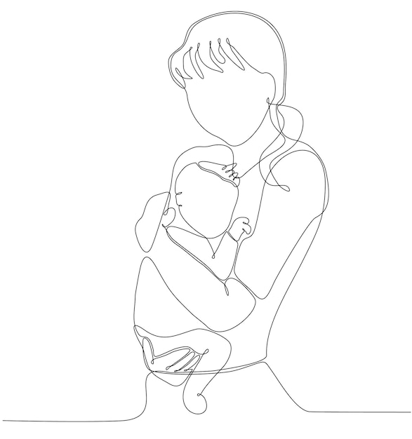 continuous line mother holding baby