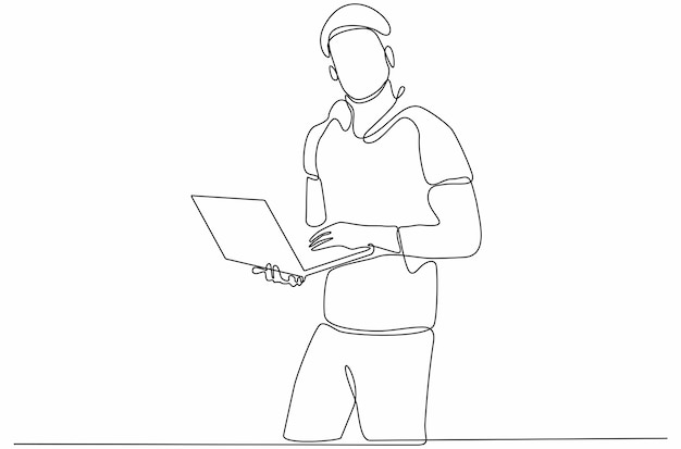 continuous line Successful businessman standing holding laptop in premium hand vector illustration