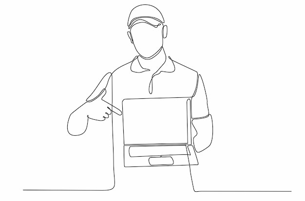 continuous line Successful businessman standing holding laptop in premium hand vector illustration