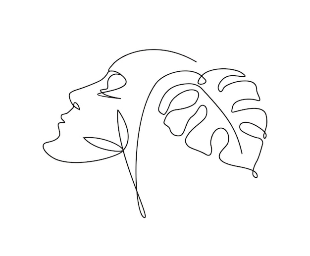 Continuous line of surreal faces drawing of abstract faces and monstera leaf out line illustration