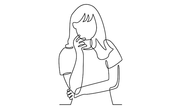 Continuous line of thinking woman looking away illustration