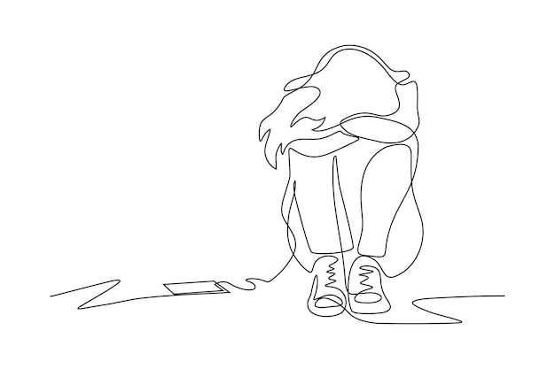 continuous line vector illustration of a woman who is sad depressed upset