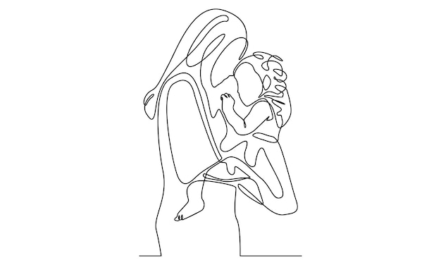 Continuous line of woman hold her baby