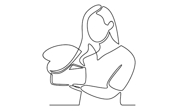 Continuous line of  woman holding a gift box illustration