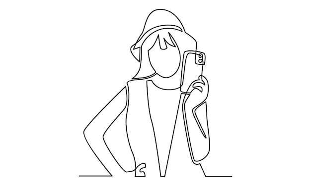 Continuous line of woman holding phone illustration